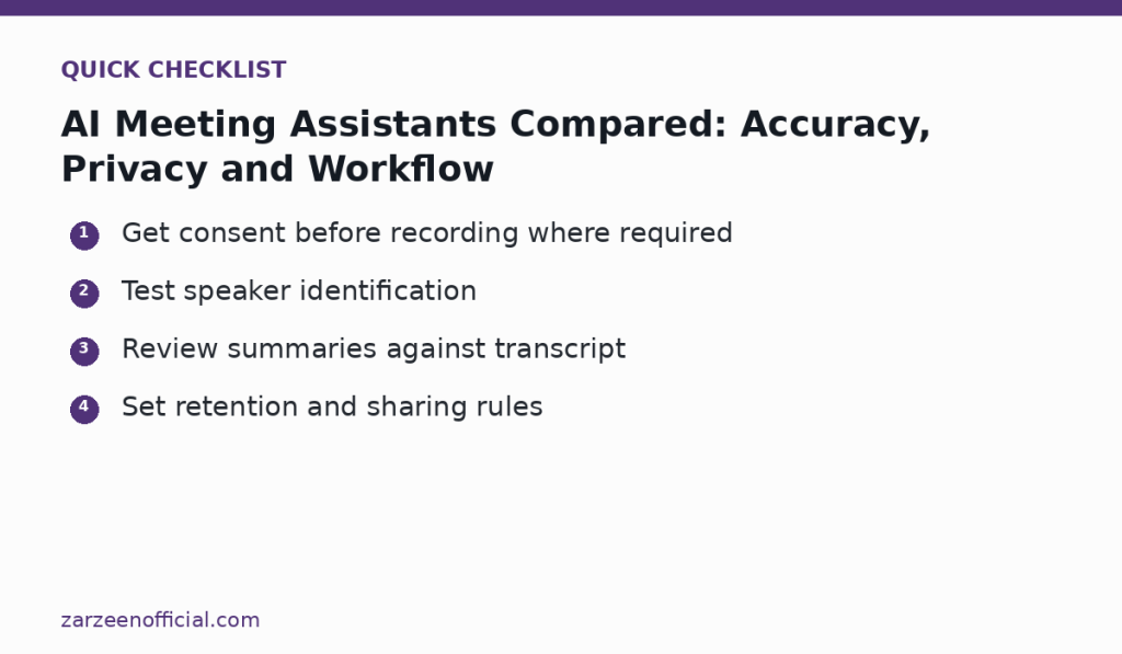 AI Meeting Assistants Compared: Accuracy, Privacy and Workflow — quick checklist
