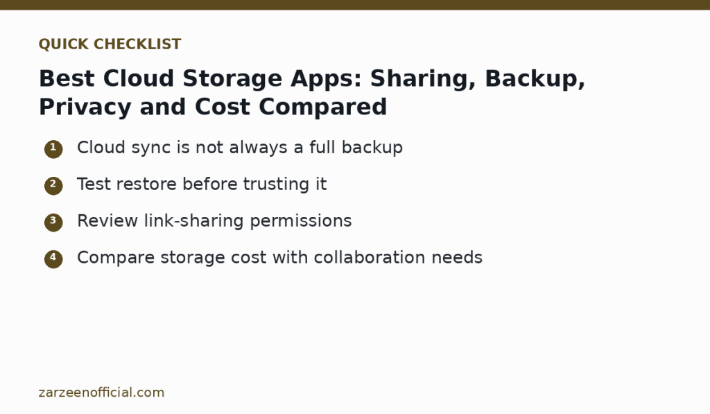 Best Cloud Storage Apps: Sharing, Backup, Privacy and Cost Compared — quick checklist
